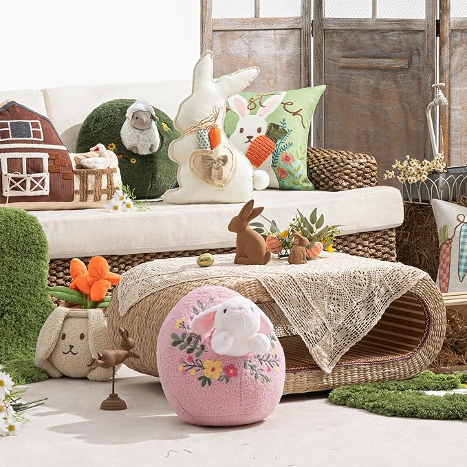 Phantoscope Happy Easter Egg Shaped Throw Pillow with Bunny, Teddy Fleece Soft Egg Pillow with Floral Embroidered Decorative Pillows for Couch Sofa Bed Chair, Favors Gifts, Purple, 14.5 x 12.5 Inches
