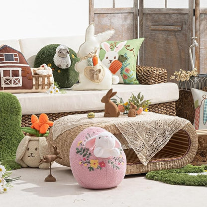 Phantoscope Happy Easter Egg Shaped Throw Pillow with Bunny, Teddy Fleece Soft Egg Pillow with Floral Embroidered Decorative Pillows for Couch Sofa Bed Chair, Favors Gifts, Purple, 14.5 x 12.5 Inches