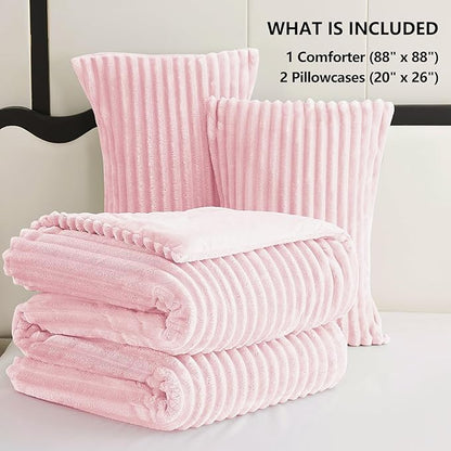 CozyLux Fluffy Queen Comforter Set - Super Soft Faux Fur Pink Comforter Queen Size, Winter Warm Fleece Bedding Set, 3 Pieces Plush Fuzzy Bed Set (1 Shaggy Comforter, 2 Pillowcases)