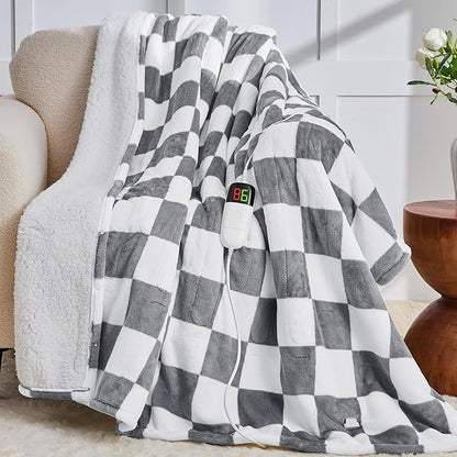Heated Electric Blanket Throw, 50X60 Heating Blanket with 10 Heat Level & 8 Hour Auto Off for Lap, Light Gray Checkered Plaid Sherpa Blankets Warmer Gift for Couch Grandma Women Adults Washable