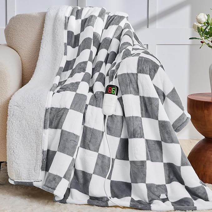Heated Electric Blanket Twin Size, 62X84 Heating Blanket with 10 Heat Level & 8 Hours Auto Off, Light Gray Checkered Plaid Soft Fleece Sherpa Blankets Warmer Gifts for Couch Grandma Women Adults