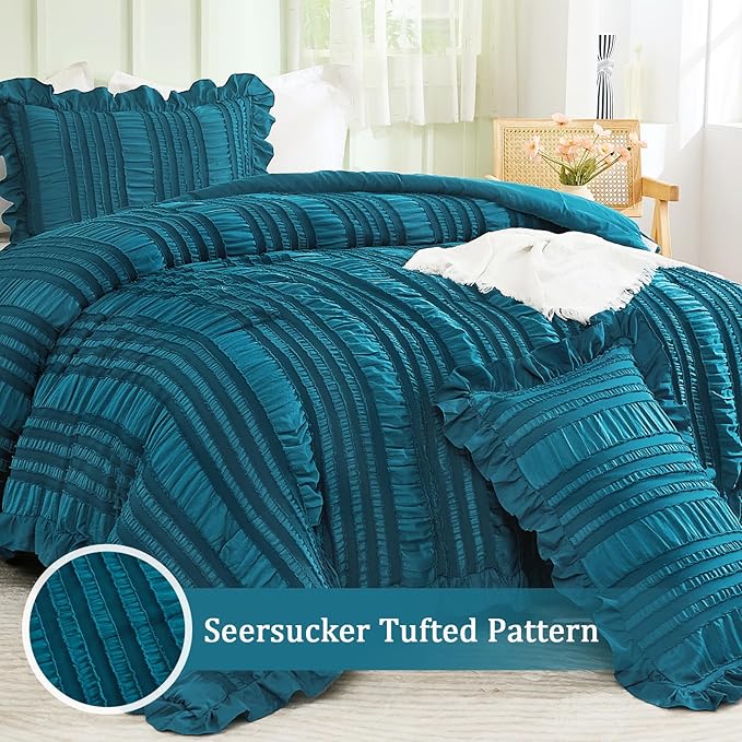 WONGS BEDDING Teal Comforter Set King,3 Pieces Ruffle Farmhouse Shabby Chic Comforter for King Bed,Soft Textured Boho Bedding Set with 1 Ruffle Comforter,2 Tufted Pillowcases 104"×90"