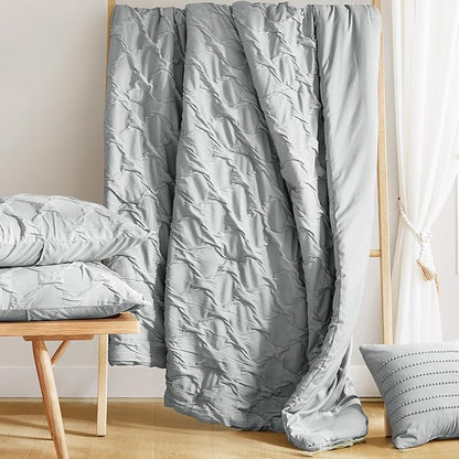 Comfort Spaces Comforter for King Size Bed, Ogee Ruched with Crinkle Texture, Breathable Comforter Set King, All Season Lightweight Bedding Set, Shams, Décor Pilow, King/Cal King Gray 4 Piece