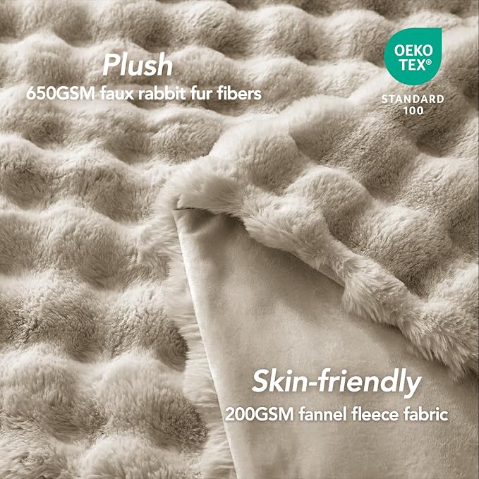 L'AGRATY Faux Rabbit Fur Blanket: 90" x 90" Queen Luxury Soft Fluffy Thick Fur Throw Blanket for Couch Bed Sofa - Cozy Plush Bubble Blankets for Winter: Flannel Fleece Decorative Blanket(Castle Grey)
