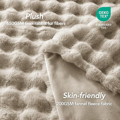 L'AGRATY Faux Rabbit Fur Blanket: 90" x 90" Queen Luxury Soft Fluffy Thick Fur Throw Blanket for Couch Bed Sofa - Cozy Plush Bubble Blankets for Winter: Flannel Fleece Decorative Blanket(Castle Grey)