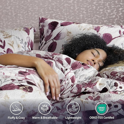 Lightweight Seersucker Botanical Comforter Set King Size, 3 Pieces Reversible Design with Striped Print, Premium Microfiber Bedding Set, Comforter and Sham Set, Plum/Grey