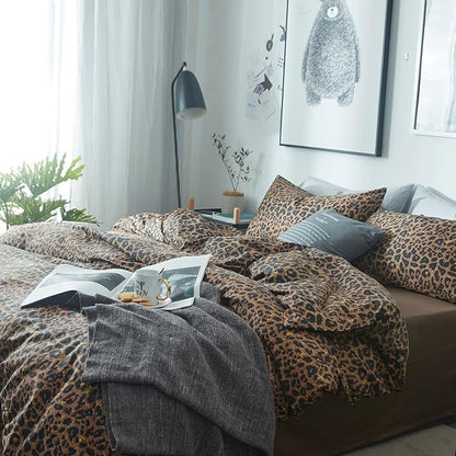 mixinni Leopard Print Comforter Set Queen Size -3 Pieces Animal Cheetah Printed Comforter Sexy Soft Fluffy Brown/Black Floral Print Bedding Set with 2 Pillowcases for All Season-Queen Size