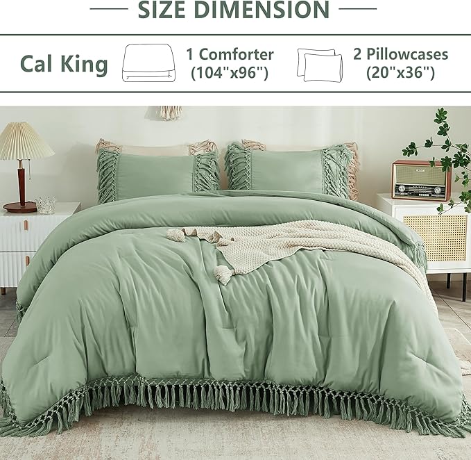Andency Sage Green Comforter Set California King, 3 Pieces Boho Tassel Lightweight Soft Bedding Comforter Sets for King Bed, All Season Fluffy Fringe Bed Set (104x96In Comforter & 2 Pillowcases)