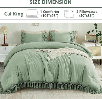 Andency Sage Green Comforter Set California King, 3 Pieces Boho Tassel Lightweight Soft Bedding Comforter Sets for King Bed, All Season Fluffy Fringe Bed Set (104x96In Comforter & 2 Pillowcases)