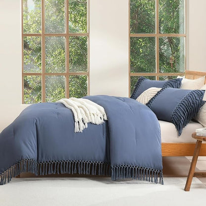 Andency Queen Comforter Set Bluish Grey, 3 Pieces Boho Lightweight Fall Bedding Comforter Sets, Tassel Bed Set (90x90In Comforter & 2 Pillowcases)