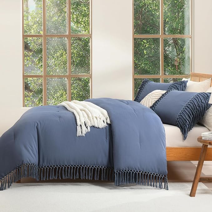 Andency Comforter Full Size Set Bluish Grey, Boho Lightweight Vintage Soft Bedding Comforter Sets, 3 Pieces Bed Set (79x90In Comforter & 2 Pillowcases)