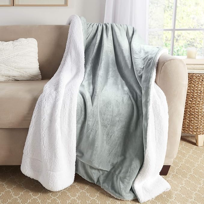 Genteele Sherpa Throw Blanket Super Soft Reversible Ultra Luxurious Plush Blanket, 60 x 70 inches, Sage/White