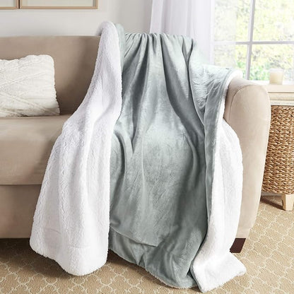 Genteele Sherpa Throw Blanket Super Soft Reversible Ultra Luxurious Plush Blanket, 60 x 70 inches, Sage/White