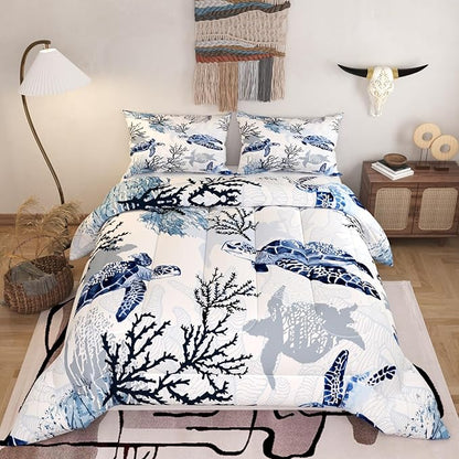 Sea Turtle Comforter Set, White Color 3D Pattern for Kids Teens Adults,Decorative Bedding Comforter Sets with 2 Pillow Shams, Queen Size
