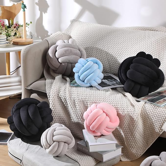 Namalu 2 Pcs Soft Knot Pillow Ball, Decorative Round Throw Knotted Pillows Cushion, Handmade Stuffed Ball Pillows for Winter Bedroom Sofa Couch Home Decor(7.87 Inches,Black)