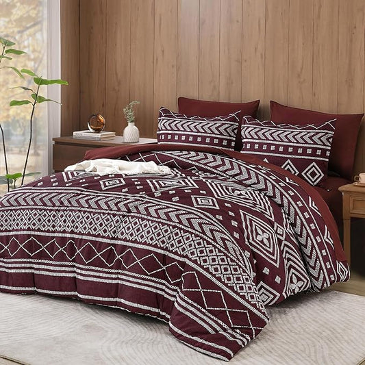 Yiran Burgundy King Comforter Set, 7 Piece Boho Striped Bedding Set, Geometric Aztec Bed in a Bag King, Soft Microfiber Bohemian Complete Bedding Set with Sheets for All Season