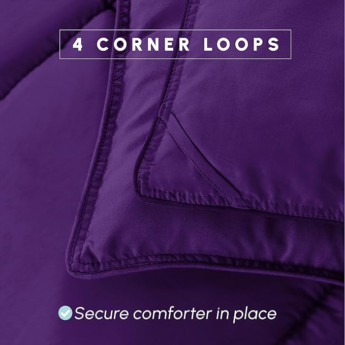 Elegant Comfort 3-Piece Box Stitched Down Alternative Comforter with Shams - Ultra Soft for All Season Duvet Insert with Corner Tabs, Plush Cozy 3PC Comforter Set, Twin, Purple
