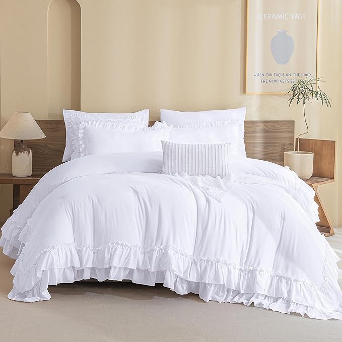 QSH White Ruffled Comforter Twin Size,3PCs Farmhouse Shabby Boho Chic White Bedding Comforter Twin Vintage Lightweight Fluffy Microfiber Bedding Set