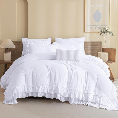 QSH White Ruffled Comforter Twin Size,3PCs Farmhouse Shabby Boho Chic White Bedding Comforter Twin Vintage Lightweight Fluffy Microfiber Bedding Set