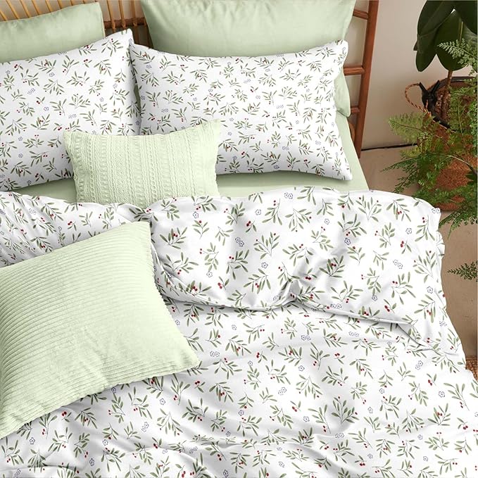 Nayoroom Floral Comforter Set Queen Size Green Botanical Leaf Spring Bedding Set 3 Pieces Soft Lightweight Aesthetic Garden Comforter for All Seasons