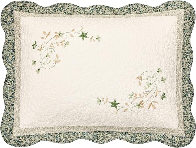 Modern Heirloom Harper Green Floral Embroidered Quilted Single Pillow Sham - Lightweight Breathable All Seasons Bedding, Standard Size