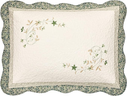 Modern Heirloom Harper Green Floral Embroidered Quilted Single Pillow Sham - Lightweight Breathable All Seasons Bedding, Standard Size