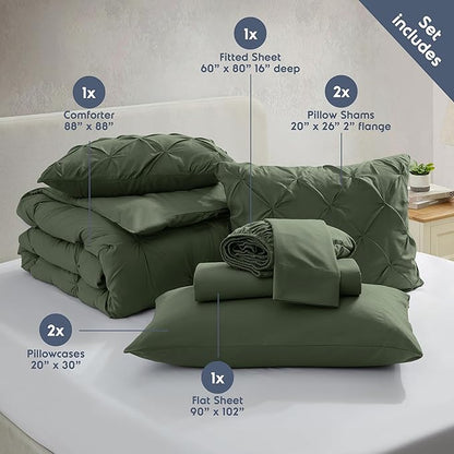 Nestl Queen Comforter Set 7 Piece - Pinch Pleated Comforters Queen Size Olive Green, Bed in a Bag Queen All Season, Queen Comforter Sets Bedding with Flat Sheet and Fitted Sheet, Pillowcases and Shams