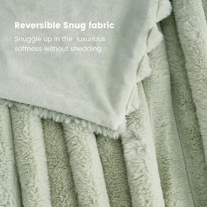 Cozy Bliss Faux Fur Throw Blanket for Couch, Cozy Warm Plush Striped Blanket for Sofa Bedroom Living Room, 50 * 60 Inches Sage Green