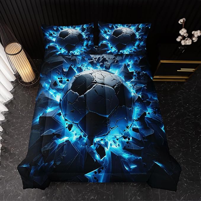 Soccer Bedding Comforter Set Full Size for Kids Teens and Adults, Blue Black Football Printed Bedding Sets 3 PCS,Ball Sports Themed Bedroom Decor with 1 Comforter and 2 Pillowcases