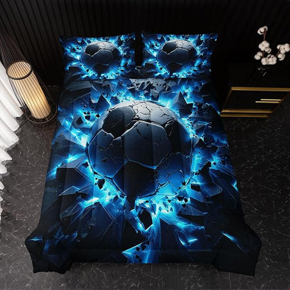 Soccer Bedding Comforter Set King Size for Kids Teens and Adults, Blue Black Football Printed Bedding Sets 3 PCS,Ball Sports Themed Bedroom Decor with 1 Comforter and 2 Pillowcases