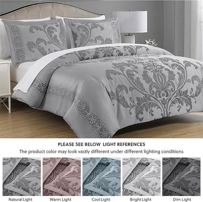 Chezmoi Collection Valor 7-Piece Queen Bed in a Bag, Silver/Gray Luxury Jacquard Floral Comforter with Sheets Set for All Season