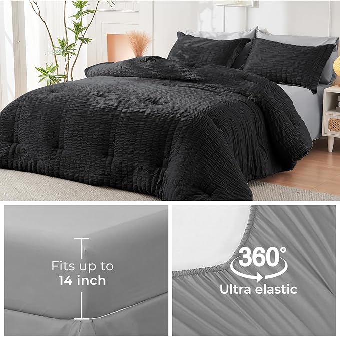 HYMOKEGE Black/Light Grey Queen Comforter Set Seersucker 7 Pieces, All Season Luxury Bed in a Bag Queen for Bedroom, Bedding Set with Comforter, Sheets, Pillowcases & Shams