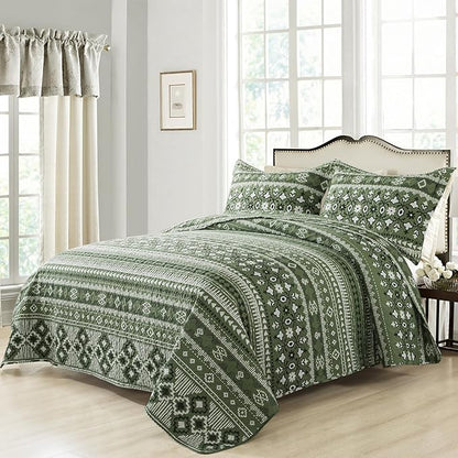 BEDIFANY Quilts Queen Size, Reversible Lightweight Bedspread with Boho Geometry Printed, Bed Spread Coverlet Sets for Bed Decoration, All-Season Queen Quilt Bedding Set (90 * 98 in), 3 Pieces - Green