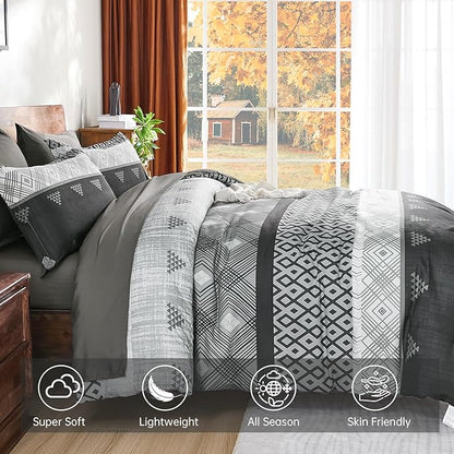Xruibed Blcak King Comforter Set 7 Pieces, Black Grey Boho Striped Bed in a Bag King Size Soft Microfiber All Season Bedding Set with Comforter, Sheets, Pillowcases & Shams(104"×90")