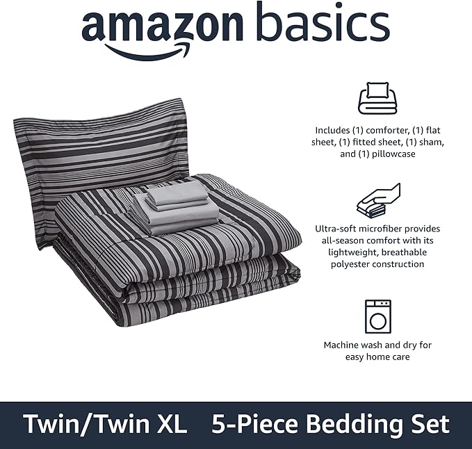 Amazon Basics 5-Piece Lightweight Microfiber Comforter Set with Sheets, Bed-in-a-Bag, Gray Calvin Striped Bedding, Twin/Twin XL