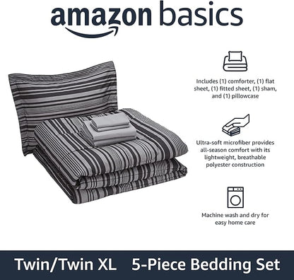 Amazon Basics 5-Piece Lightweight Microfiber Comforter Set with Sheets, Bed-in-a-Bag, Gray Calvin Striped Bedding, Twin/Twin XL