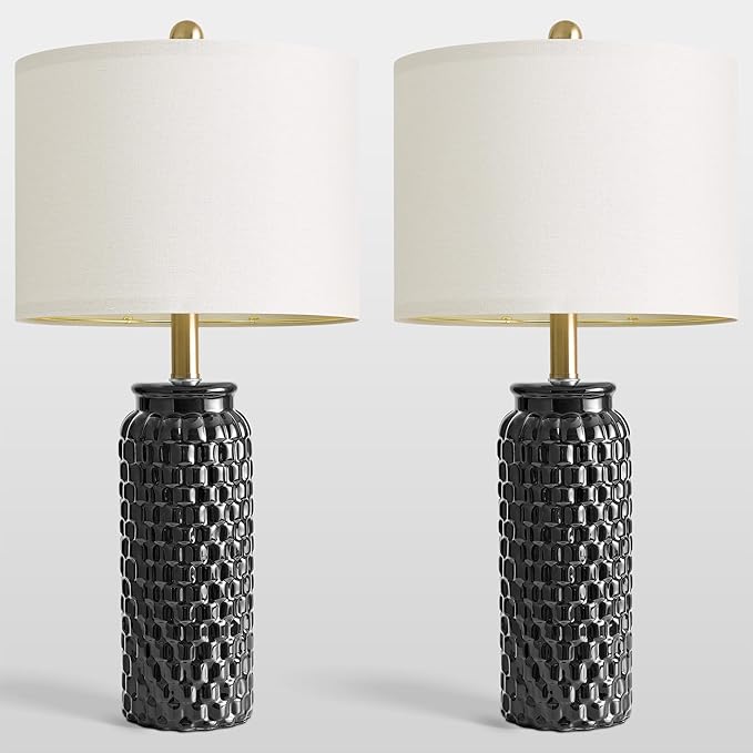 24" Modern Ceramic Black Bedside Lamp Set of 2 Table Lamp for Bedroom Decor Farmhouse Table Lamp for Living Room Office Dorm