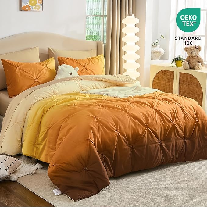 Dinjoy Ombre Comforter Set Full Size, 7-Piece Bed in a Bag for Kid Teen, Pintuck Colorful Rainbow Bedding Sets with Comforter, Flat Sheet, Fitted Sheet and Pillowcases & Shams, Orange