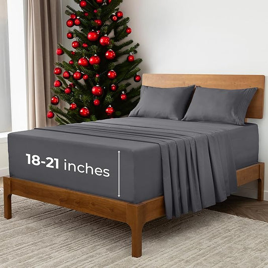 Mellanni Extra Deep California King Sheets - 4 PC Iconic Collection Bedding - Hotel Luxury, Ultra Soft, Cooling Bed Sheets - Wrinkle, Fade, Stain Resistant (Cal King, Gray)