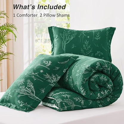 Love's cabin Emerald Comforter Set Queen - Queen Size Comforter Set, 3 Pieces Cute Floral Bedding Sets for All Seasons,1 Soft Reversible Botanical Flowers Comforter and 2 Pillow Shams
