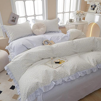 HighBuy Ruffle Floral Comforter Set Queen Blue Flower Coquette Bedding Comforter Romantic Lace Floral Comforter Set Fluffy Boho Bedding Comforter Sets 1 Ruffled Comforter with 2 Lace Pillowcases