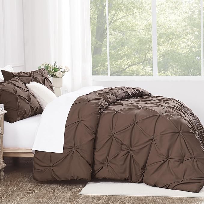 Andency Brown Queen Comforter Set, 3 Piece All Season Decorative Pintuck Bedding Comforter & Sets, Brown Soft Microfiber Lightweight Washable Bed Set for Queen Size Bed