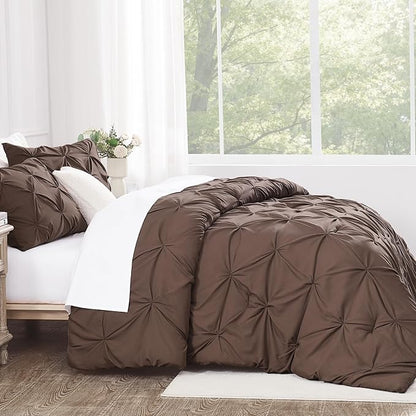 Andency Brown Queen Comforter Set, 3 Piece All Season Decorative Pintuck Bedding Comforter & Sets, Brown Soft Microfiber Lightweight Washable Bed Set for Queen Size Bed