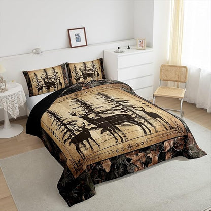 Erosebridal Camo Deer Queen Comforter Set for Kids Boys Teen,Tree Branches Camouflage Hunting Bedding Set Woodland Animal Quilt Comforter Retro Pine Tree Wildlife Quilt Set 3 Pcs Bedroom Decor