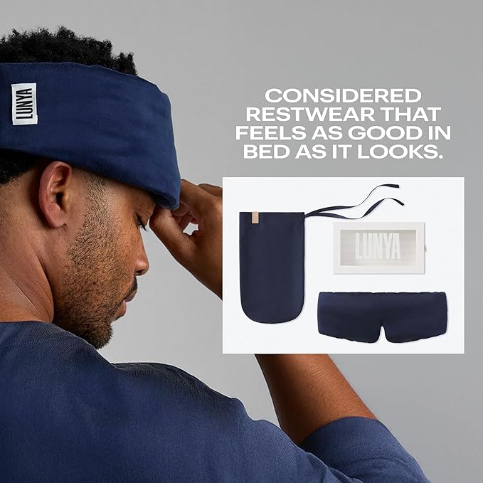 Lunya Washable Silk Sleeping Mask - Thermoregulating Mulberry Silk, Light Blocking and Comfortable Fit – Sleep Mask for Women and Men with Box - Deep Blue - Small