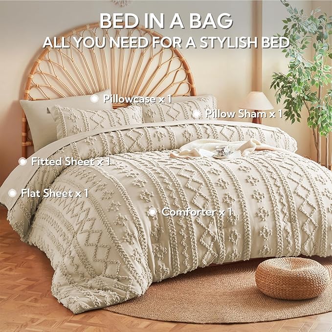 MR&HM Tufted Boho Comforter Set Twin XL for College Dorm, Linen Farmhouse Bedding Set,5 Pieces Bed in a Bag with 1 Comforter, 1 Pillow Sham, 1 Pillowcase, 1 Flat Sheet, 1 Fitted Sheet