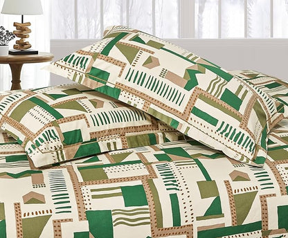 SLEEPBELLA Comforter King Size, 600 Thread Count Cotton White Printed with Green & Brown Geometric Comforter Set, Down Alternative Bedding Set 3Pcs(King, Green Geometric)