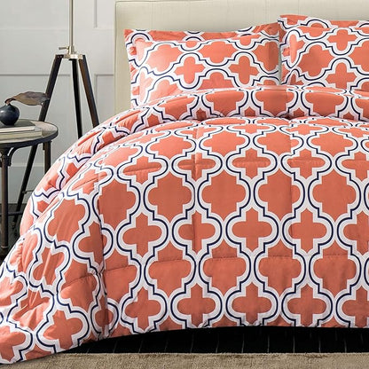 Superior Trellis Comforter Set with Pillow Shams, Luxurious & Soft Microfiber with Down Alternative Fill, Contemporary Geometric Trellis Design - Full/Queen Bedding Set, Coral