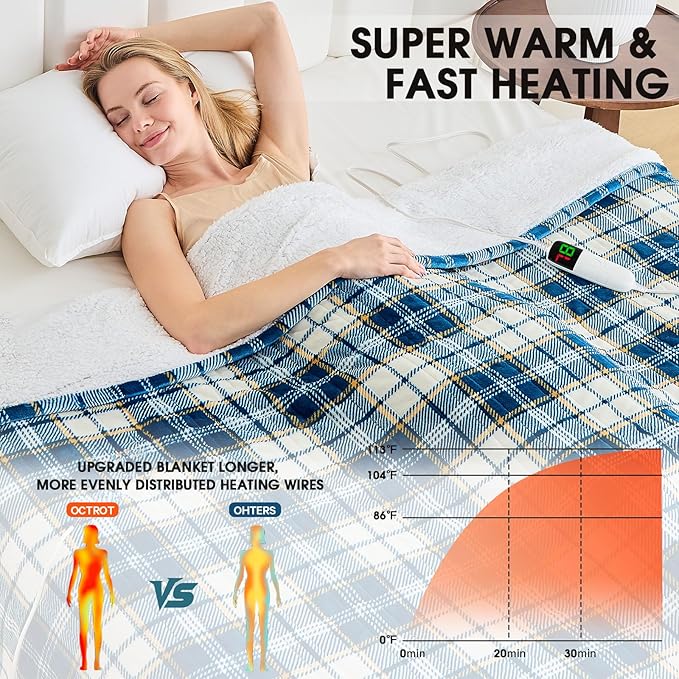 Heated Electric Blanket Twin Size,62X84 Heating Blanket with 10 Heats Levels&8 Hours Auto Off&Timer,Blue Plaid Soft Cozy Sherpa Blankets Warmer Gifts for Grandma Women Adult,Fast Heating Washable