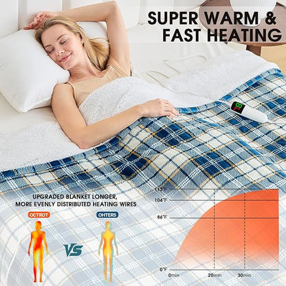 Heated Electric Blanket Twin Size,62X84 Heating Blanket with 10 Heats Levels&8 Hours Auto Off&Timer,Blue Plaid Soft Cozy Sherpa Blankets Warmer Gifts for Grandma Women Adult,Fast Heating Washable